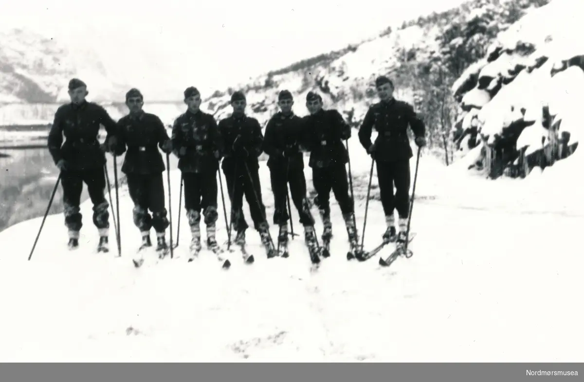 Soldater med ski på beina og står på ein linje.