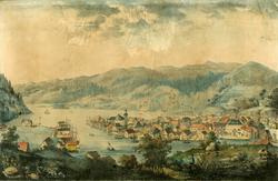 Flekkefjord, prospekt av byen og havnen [Litografi]