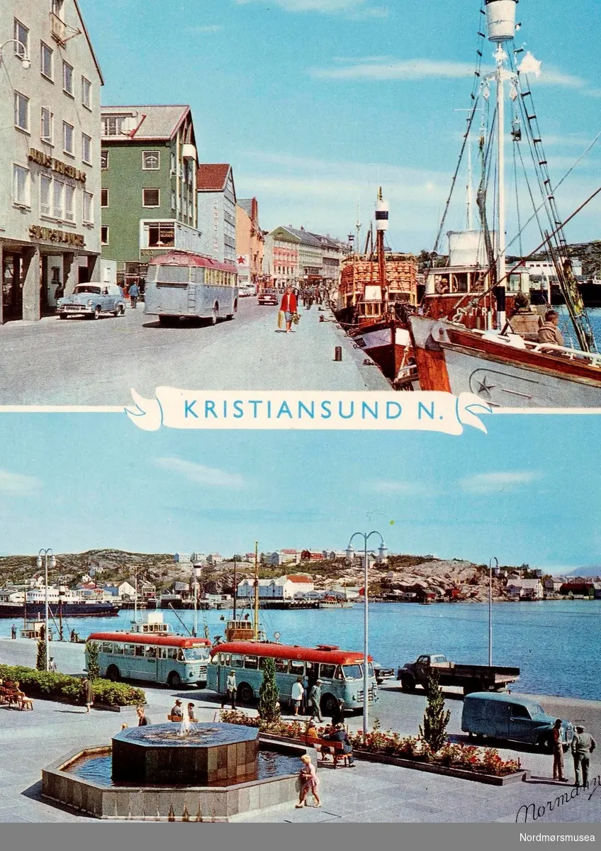 Postkort ";13-B-1706"; fra Kirkelandet i Kristiansund, med to kjente motiver fra bybildet. I det øverste bildet ser vi fra Vågeveien og Vågekaia med båter langs kaia. På venstre side ser vi i det første bygget Jonas Eriksens skipshandel, som har vært å finne på denne plassen siden 1902. I bildet under ser vi fra Rådhusplassen med en fontene sentralt på plassen. Like bak finner vi en busslomme, hvo vi ser to busser, en bil og lastebil. rådhusplas, fiskebåter, skipshandel, fontene, kjøretøy, busser, lastebil, stasjonsbil Datering er trolig rundt 1960-1970. Fra Nordmøre Museums fotosamlinger.
