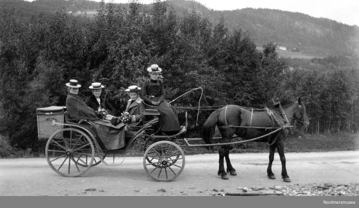 hest og karett med fire kvinner ombord. Hvem vi ser på bildet samt når og hvor bildet er tatt er usikkert, men kan være fra Nesset kommune. Fra Nordmøre Museums fotosamlinger.
