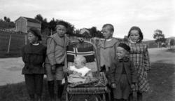 Gruppe på seks barn, hvorav den minste sitter i en flaggpryd