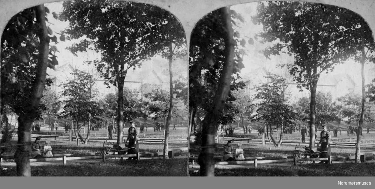 Parken er full av trær på bilder tilbake til 1870-tallet. De er storvokste da, og må altså være eldre. Kommunen kjøpte området 1859 og Selskapet for Kristiansunds Vel anla parken – de første trærne ble plantet høsten 1868: balsampopler, lønn, ask og andre løvtrær. Se Kristiansunds Historie bind 5 s. 694.      - Et stereobilde fra Nerparken, hvor vi ser to barn sittende på en benk i parken, mens en dame står til høyre for dem. Lenger frem finner vi Parkveien/Langveien og på andre siden av gaten ser vi Den Høgre skole blant trærne. Fra Nordmøre Museums fotosamlinger.