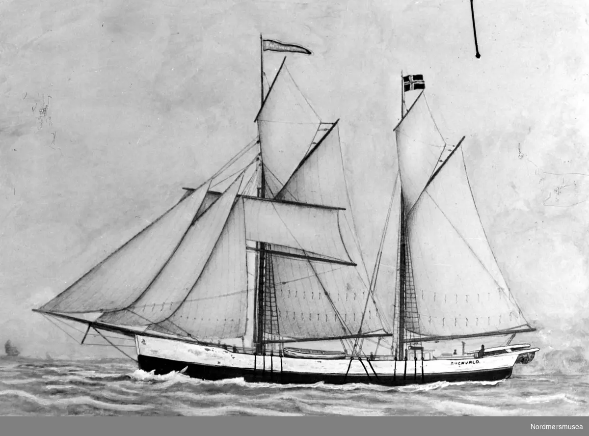 Tegning av seilskipet ";Ragnvald";. Fartøyet er trolig tilknyttet et Kristiansundsrederi. Fra Nordmøre museums fotosamlinger. Reg: EFR 

