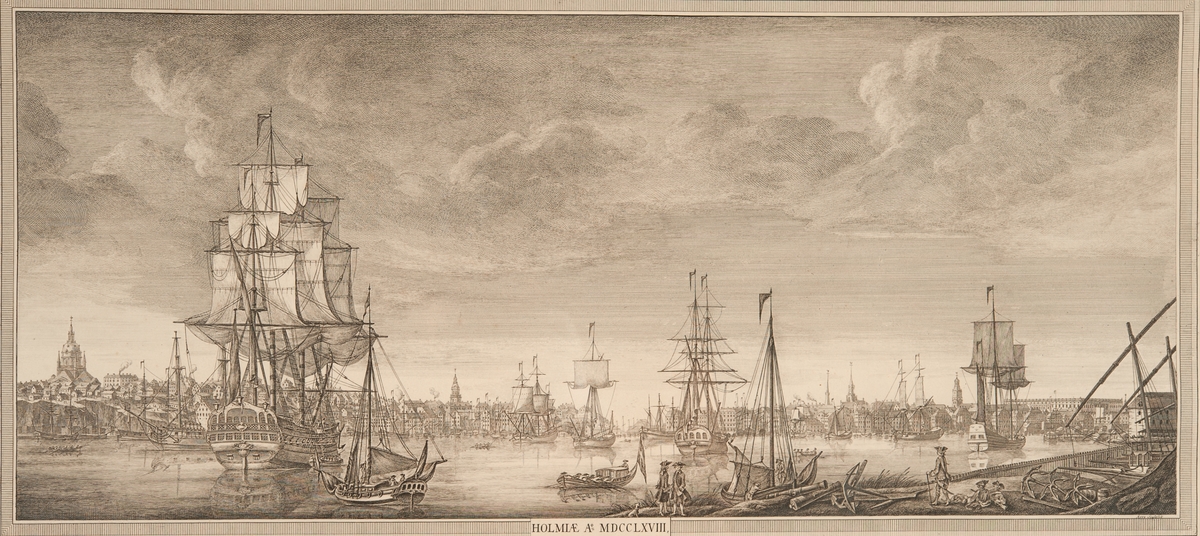 "Stockholm år 1768" sett från Kastellholmen. Det stora fartyget på strömmen är Ostindiska kompaniets "Kronprins Gustaf" byggt 1767 efter ritningar signerade Fred. H. Chapman.