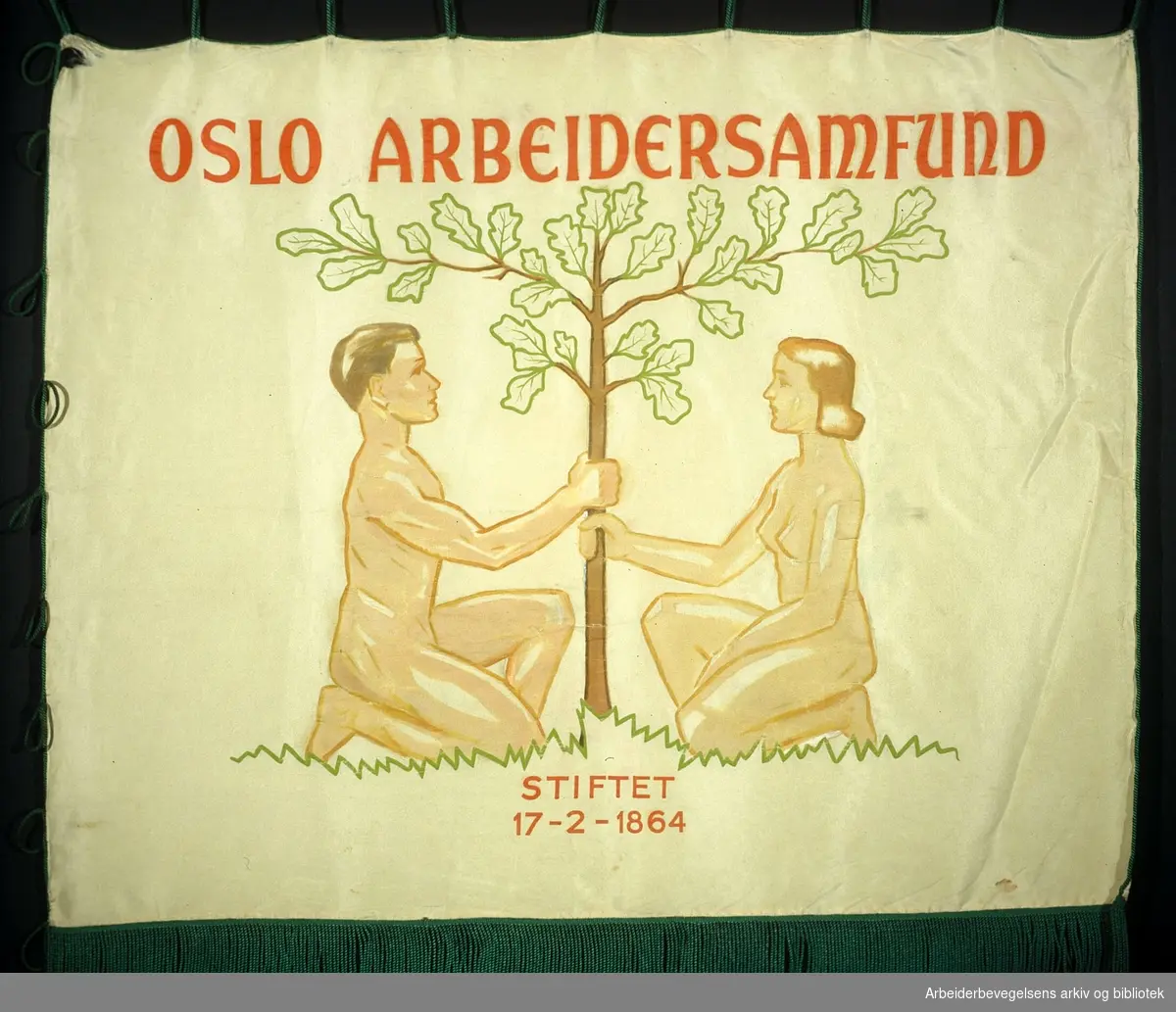 Oslo Arbeidersamfund.Stiftet 17. februar 1864..Forside..Fanetekst: Oslo Arbeidersamfund.Stiftet 17. februar 1864