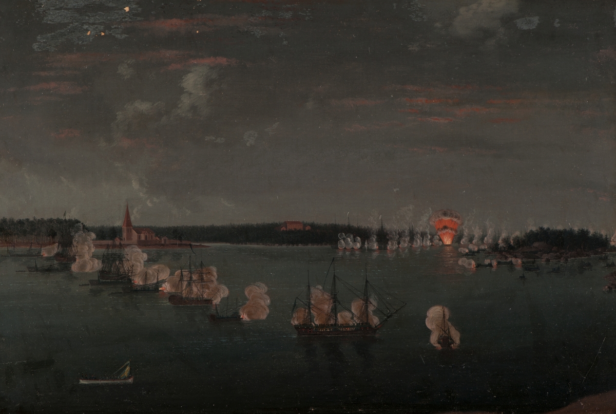 "Prinsen af Nassau med Petersbourgska Flottan angriper och drifver Svenska Förposten vid Koijvisto, natten 2-3:e Juli 1790".

Ram: Förgylld