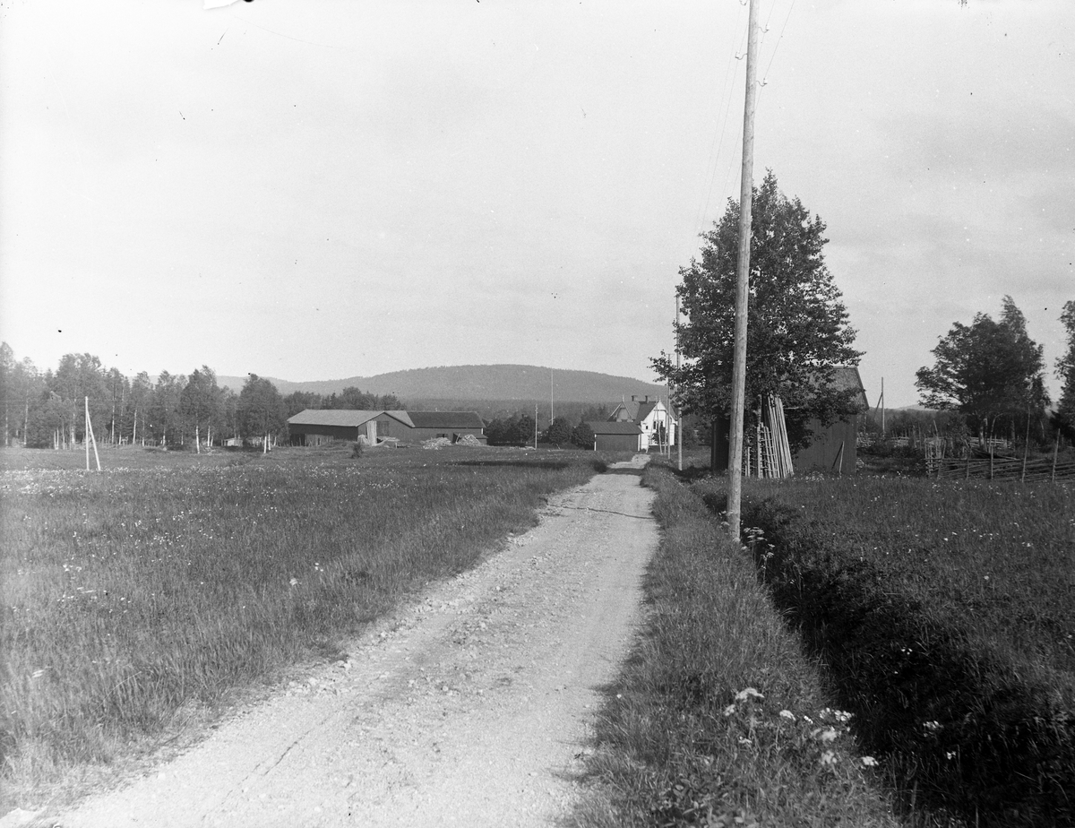 Byvägen genom Östra Åsmundhyttan, med en vy över "Ollas", Åsmundshyttan nummer 4. Söderåsen i bakgrunden.  Bilden tagen omkring 1925. Bilden finns med Torsåkers Fotohistoriska Sällskap. Bildsida 1