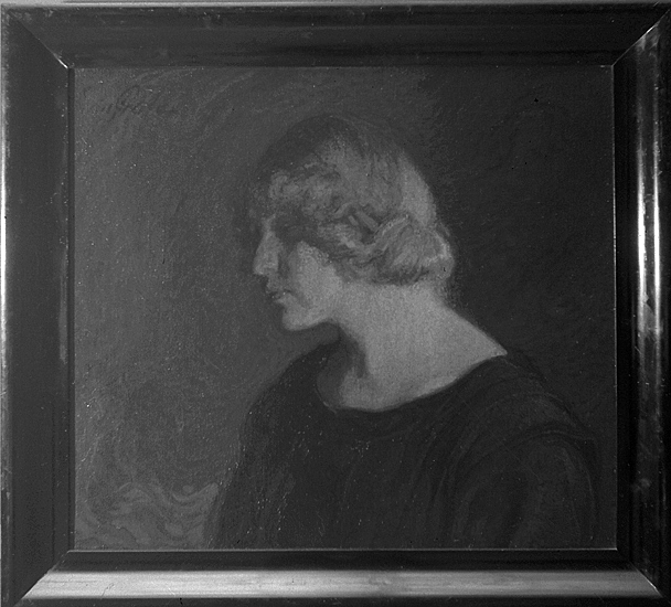 Foto av en tavla med en kvinna i profil. 

Simon Gate (1883-1945), konstnär, glasdesigner.
SM utställning, Simon Gate.