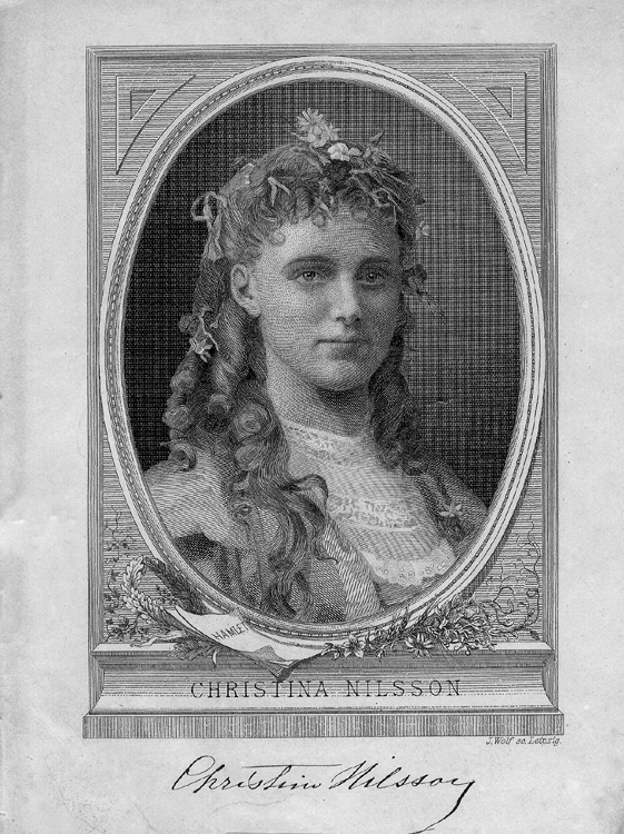 Rollporträtt (litograferad teckning) av Christina Nilsson med autograf. Trol. Ofelia ur operan Hamlet.