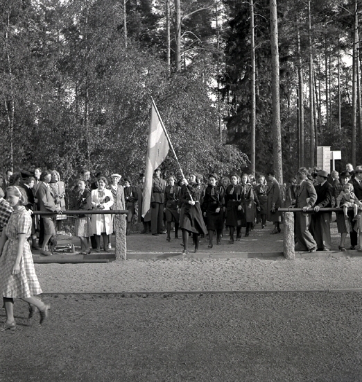 Svenska Flaggans Dag, 6/6 1942. 
Ett antal flickscouter är på väg in på Värendsvallen, med en
flaggbärare i täten.