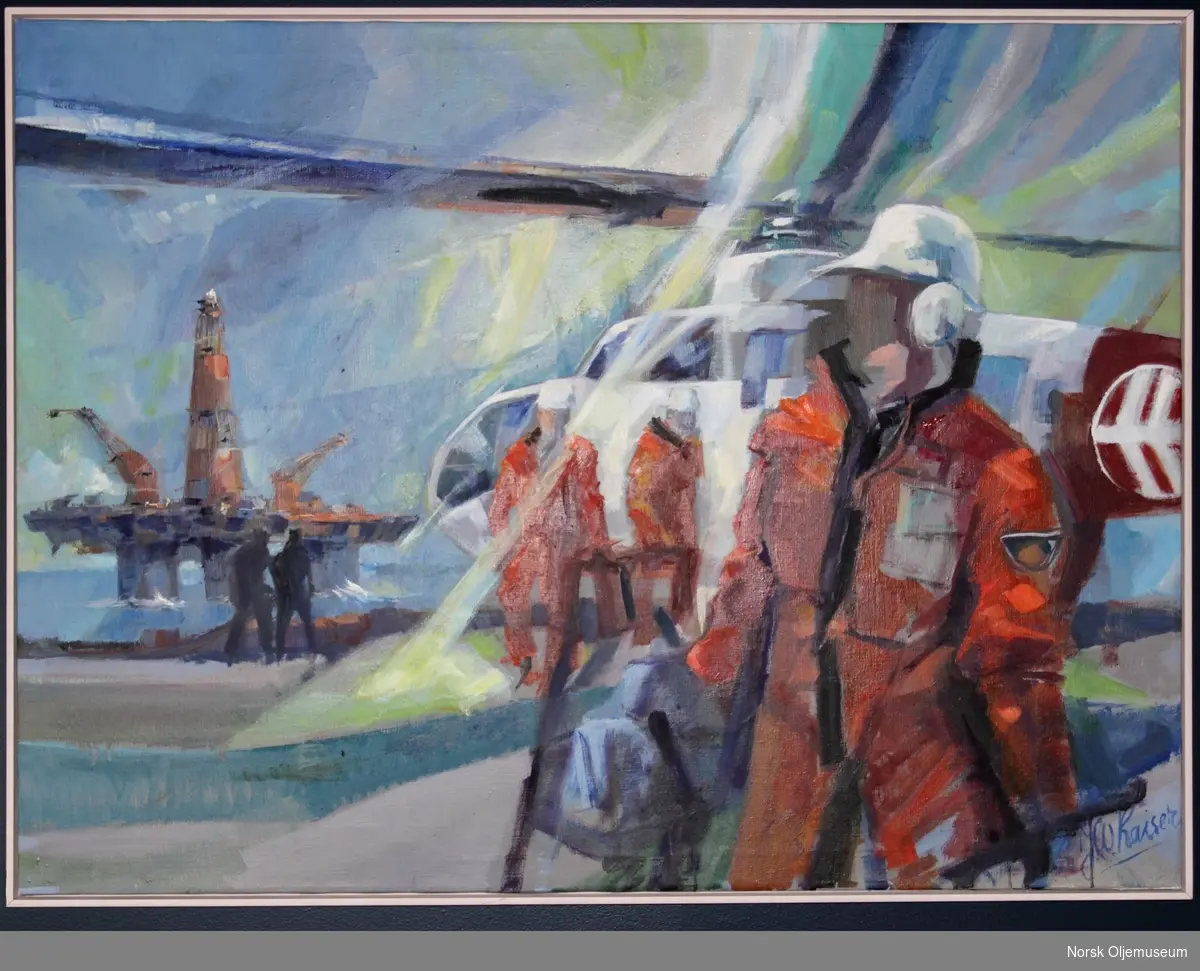 Stilisert motiv av arbeidslivet på en borerigg. Tre personer på helikopterdekk iført oransje overlevingsdrakter. I bakgrunnen helikopter og borerigg. 