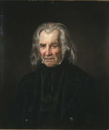 Portrett av Ole Rasmussen Apenes. Mørk drakt, brunsvart vest.