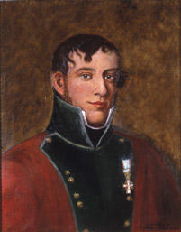 Portrett av eidsvollsmann Georg Ulrich Wasmuth.  Mann med mørkt, krøllet hår og kinnskjegg. Rød/grønn uniform med oppstående krager, hvit skjorte og svart halsbind. Små knapper. Orden på venstre bryst.