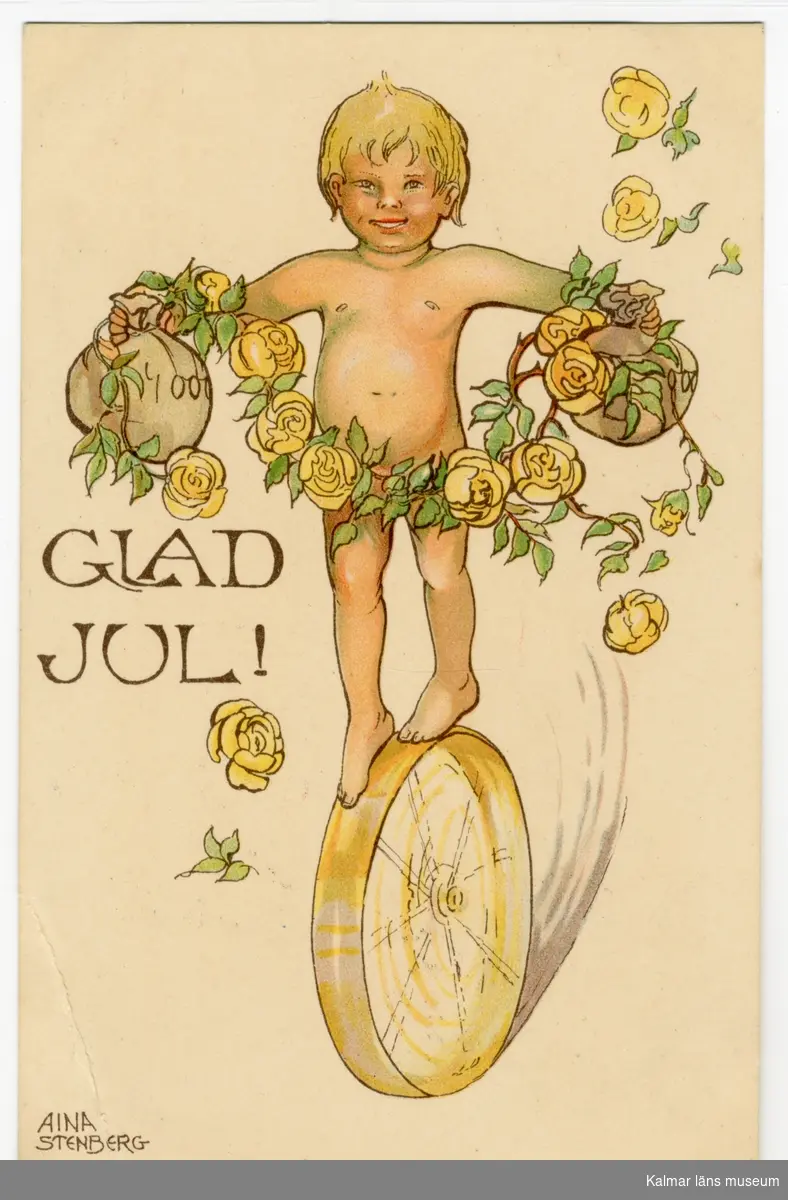 En naken pojke balanserar på ett hjul. Han håller en påse med pengar i varje hand. Framför honom hänger en girland av gula rosor och gröna blad.