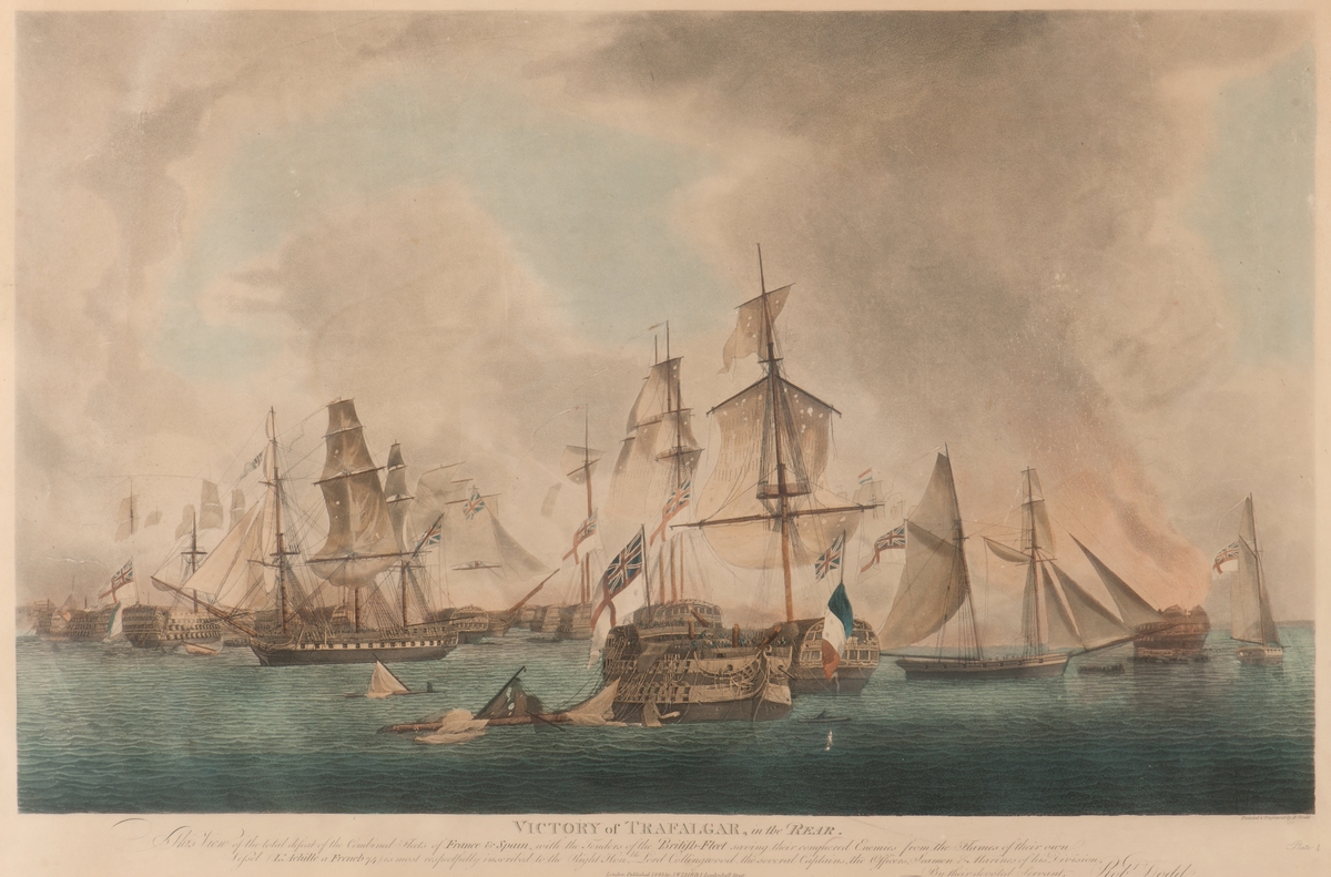 I förgrunden engelskt linjeskepp i äntringsstrid med franskt linjeskepp, som strukit flagg, I bakgrunden flera andra skepp i strid.