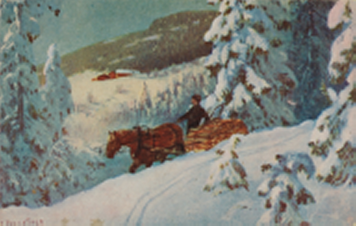 Postkort. Jule-og nyttårshilsen. Frakting av tømmer med hest og slede i vinterlandskap. Kunstner Nils Hansteen (1855-1912).