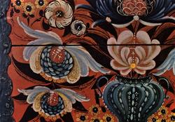 Postkort. Norsk Folkemuseum. Rosemalt kiste fra Ål i Halling