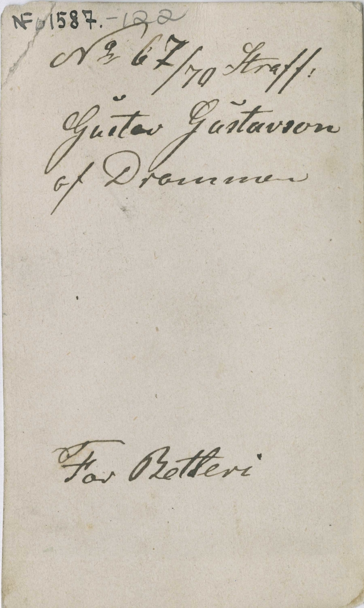 Fangeportrett. Gustav Gustavson, arrestert i 1870, innsatt i distriktsfengslet i Hokksund for betleri (tigging).