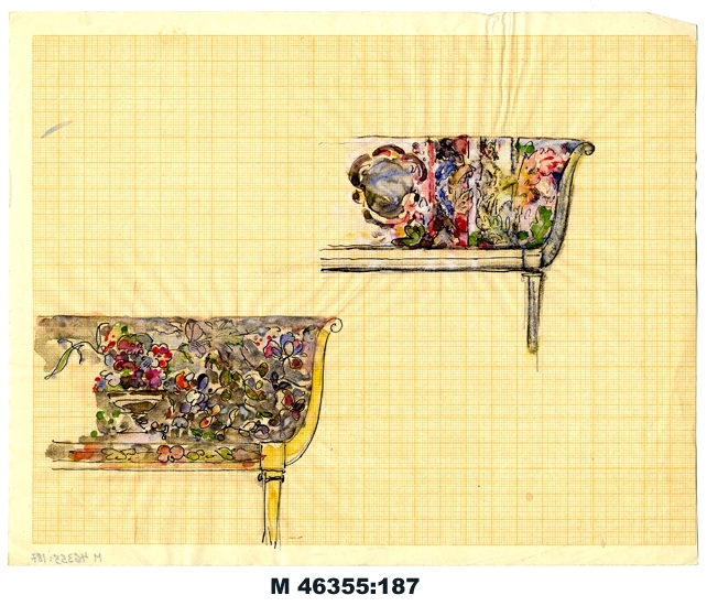 Tuschteckning/akvarell på ritpapper.
Två skisser av soffor i 20-talsklassicism med färgglad blommig
klädsel.
Ej signerad.

Inskrivet i huvudbok 1983.
Montering/Ram: Ej ramad