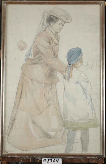 Akvarellmålning.
Skeppsbron 1907. Mor med dotter. 
Skiss till utsmyckning av dåv. Centralposthuset vid Vasagatan i Stockholm.