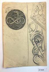 Studie av slyngende drage og to plantedekorer [Tegning]