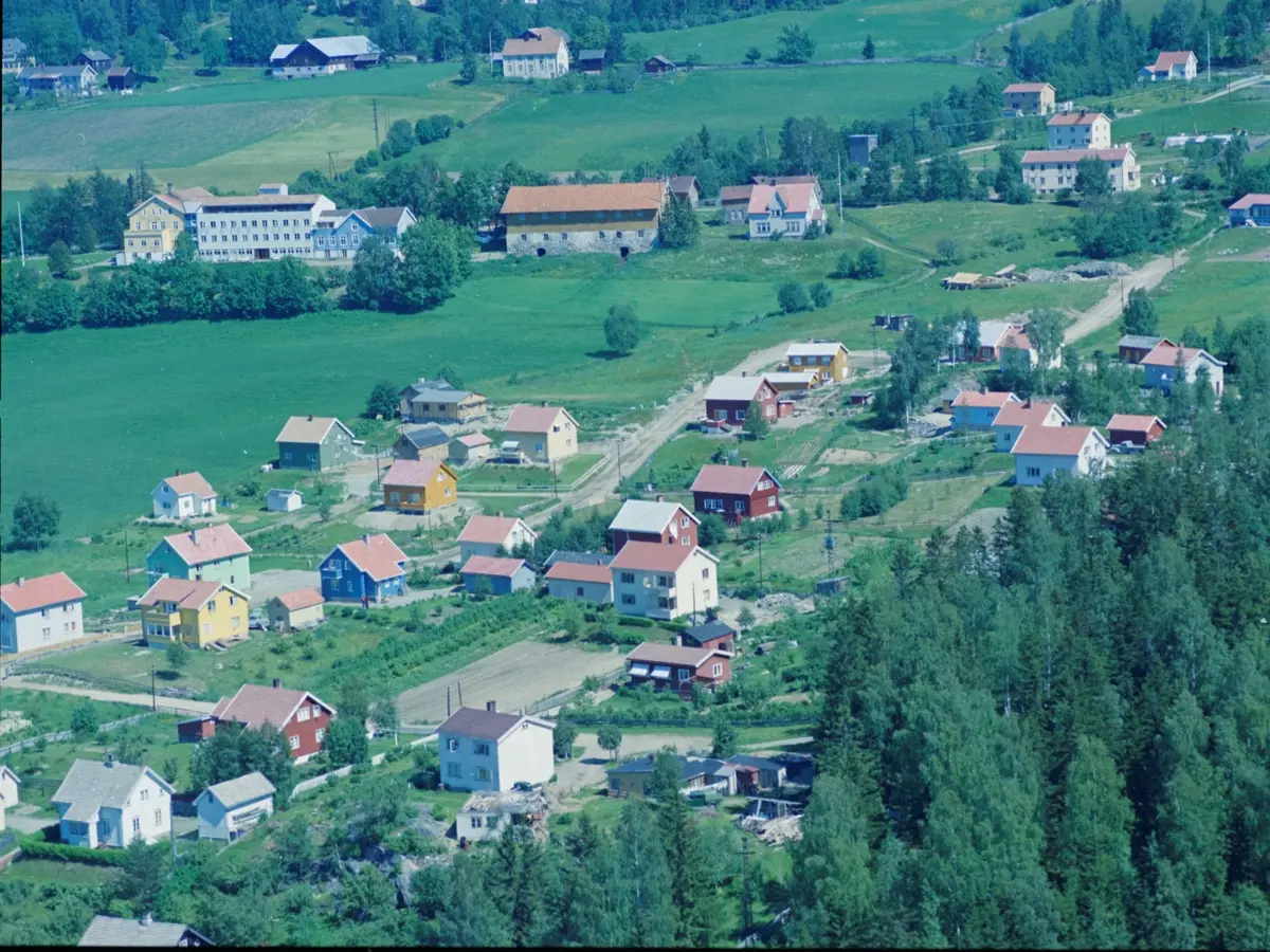 Flyfoto, Lillehammer, Søre Ål. Hagehaugvegen går oppover midt i bildet. Utbyggingen av Hagehaugen startet på 1930-tallet. Det lysegrønne huset på venstre side, er Hagehaugvegen 12, det oransje ovenfor er nr 16. Øverst midt i bilde er Holen Gård, ved siden av Skogli Helse- og Rehabiliteringssenter.