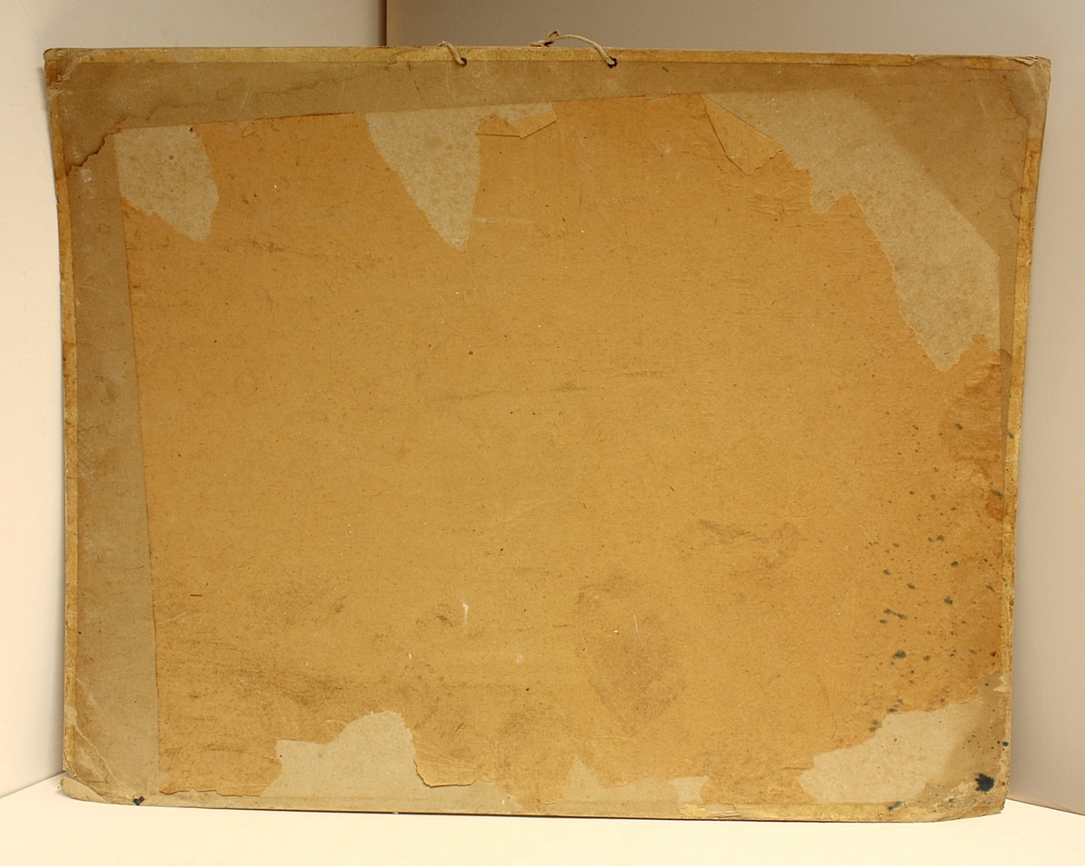 Rektangulær plakat. Åtte personer i en byggning. Jesus med en åpen bok. Noe blekkflekker.