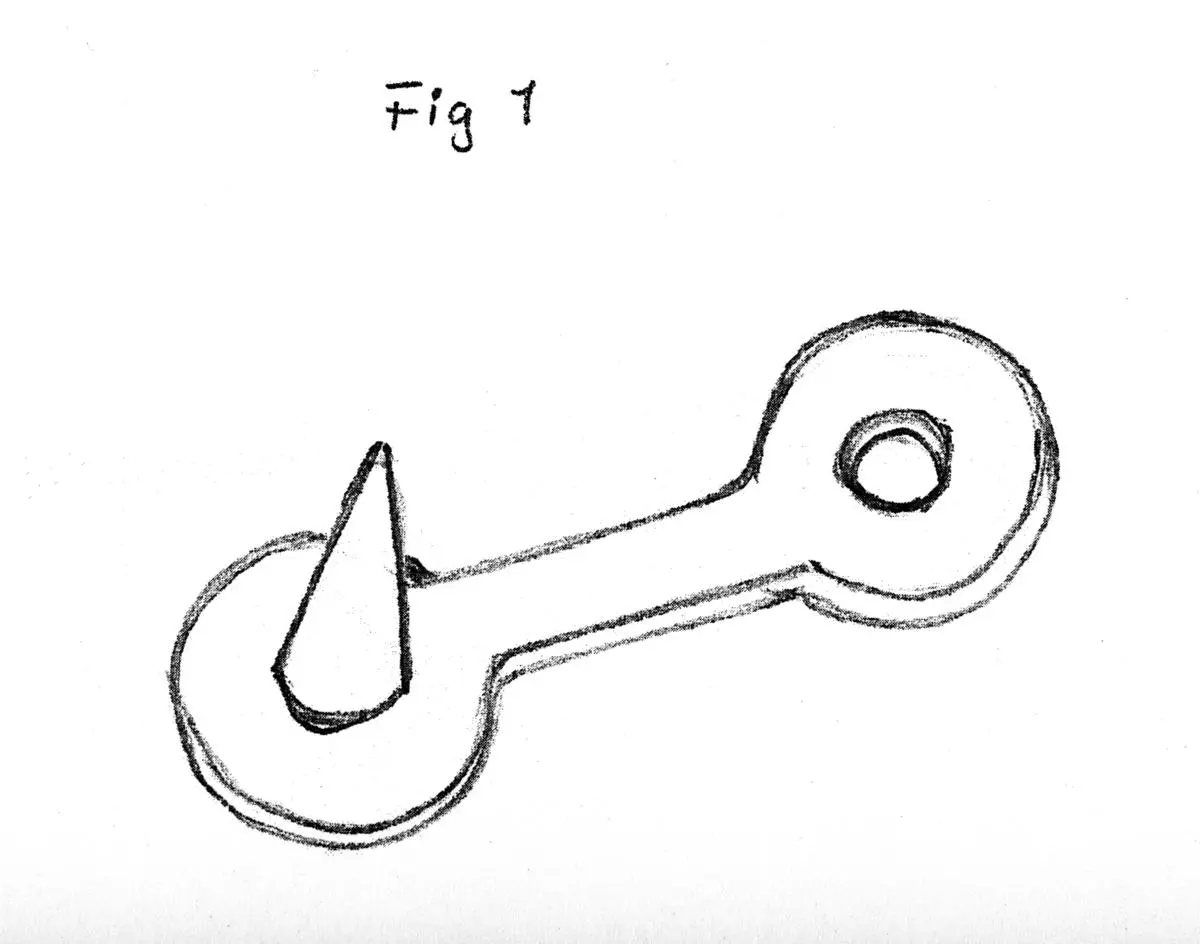 Blyantillustrasjon av ubrukt vareplombe med nagle og ring.