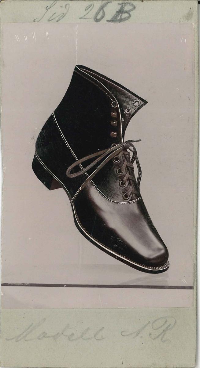 Fotografi av ett skodon. Herrsko med snörning. Modell från 1910-talet.

Använd som reklam på A F Carlssons skofabrik.

Ingår i en samling med 123 stycken kort i kartong.