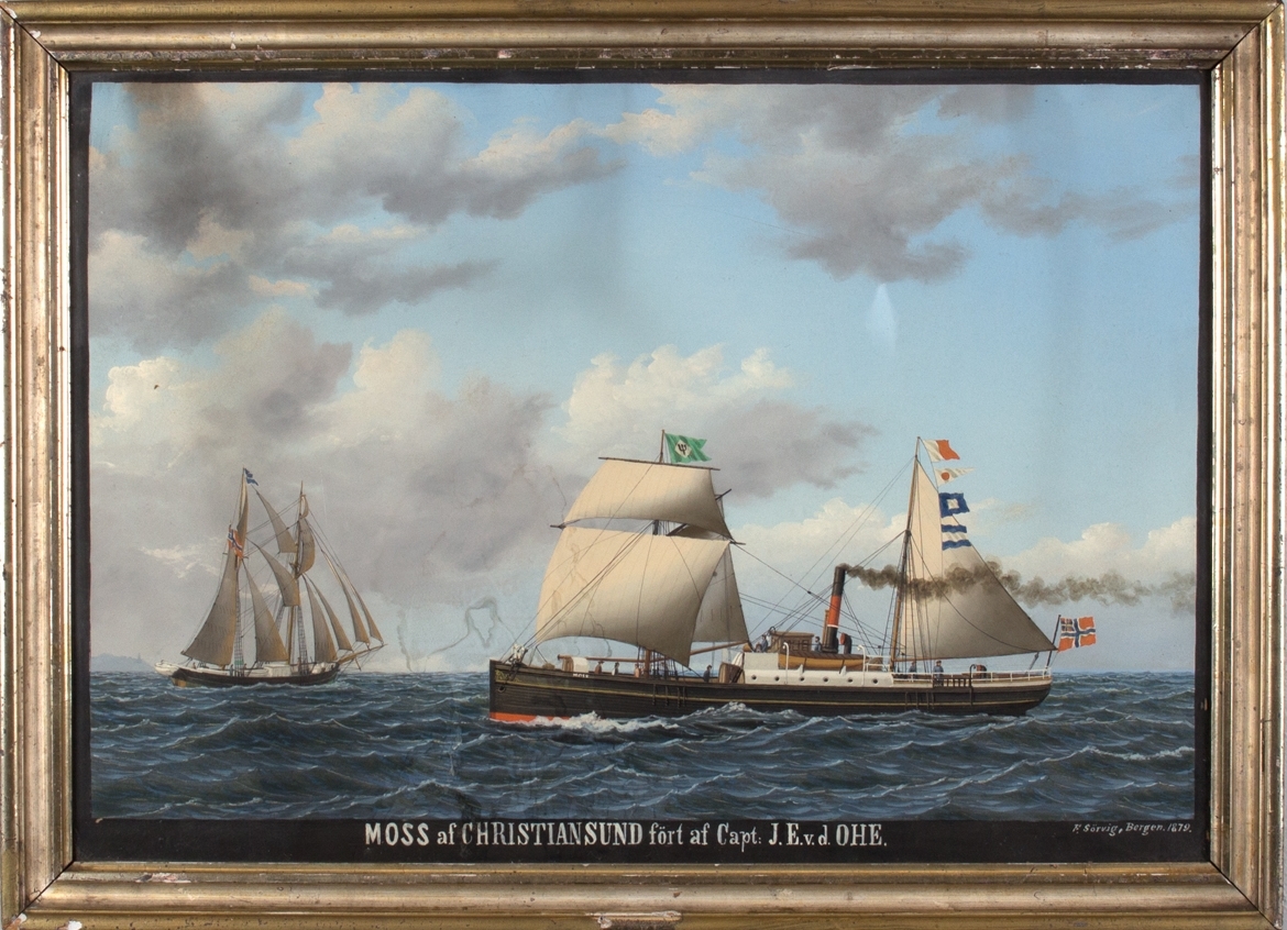 Skipsportrett av DS MOSS med seilføring under fart med norsk unionsflagg akter.
