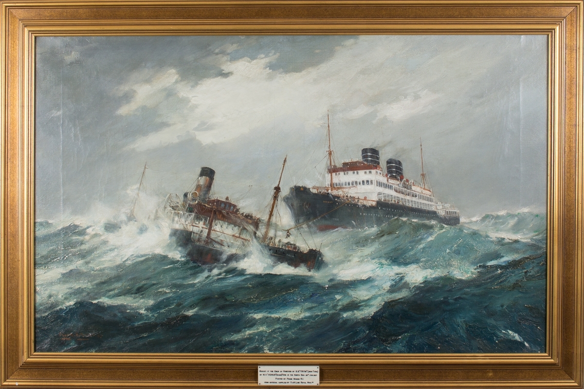 Maleri av mannskapet på MS VENUS som redder besetningen på DS TRYM som forliste i Nordsjøen 20. januar 1937.
