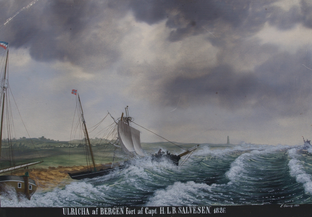 Hukker-galeas ULRICHA i ferd med å forliset i 1826. Skipet ligger på land med brukket mast.