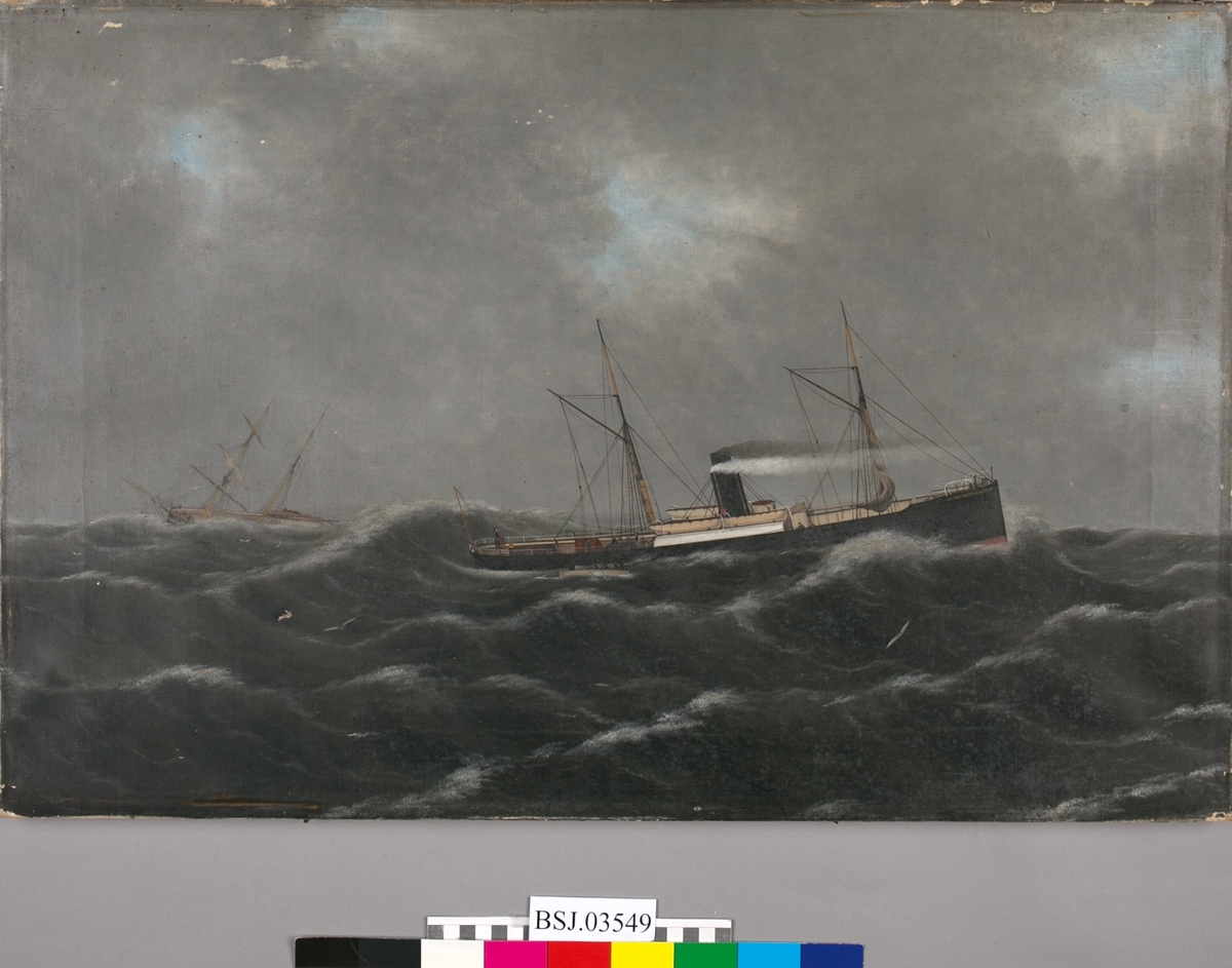 Skipsportrett trolig av DS SAGA, bygget i Newcastle i 1868. Bildet viser skipet idet det kommer en skonnert i havsnød til unsetning. Opprørt sjø.