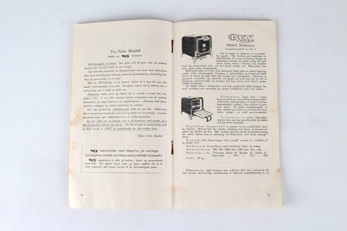 Manual og reklame for Rex sine elektriske koke- og varmeapparater