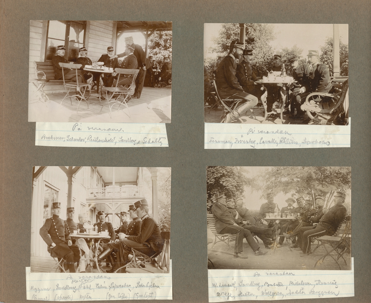 Fem officerare från Hälsinge regemente samlade kring kaffebord på verandan. Från vänster major Brehmer, major Selander, överstelöjtnant Reuterskiöld, bataljonsläkare Sandberg och kapten von Schoultz.