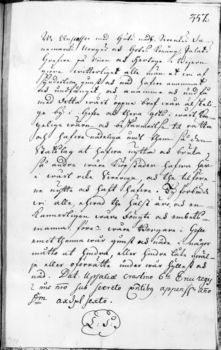 Avskrift av Kristoffers av Bayern privilegiebrev för Gävle stad 1446, från 1730-talet. I Skoklostersamlingen i Rå.
