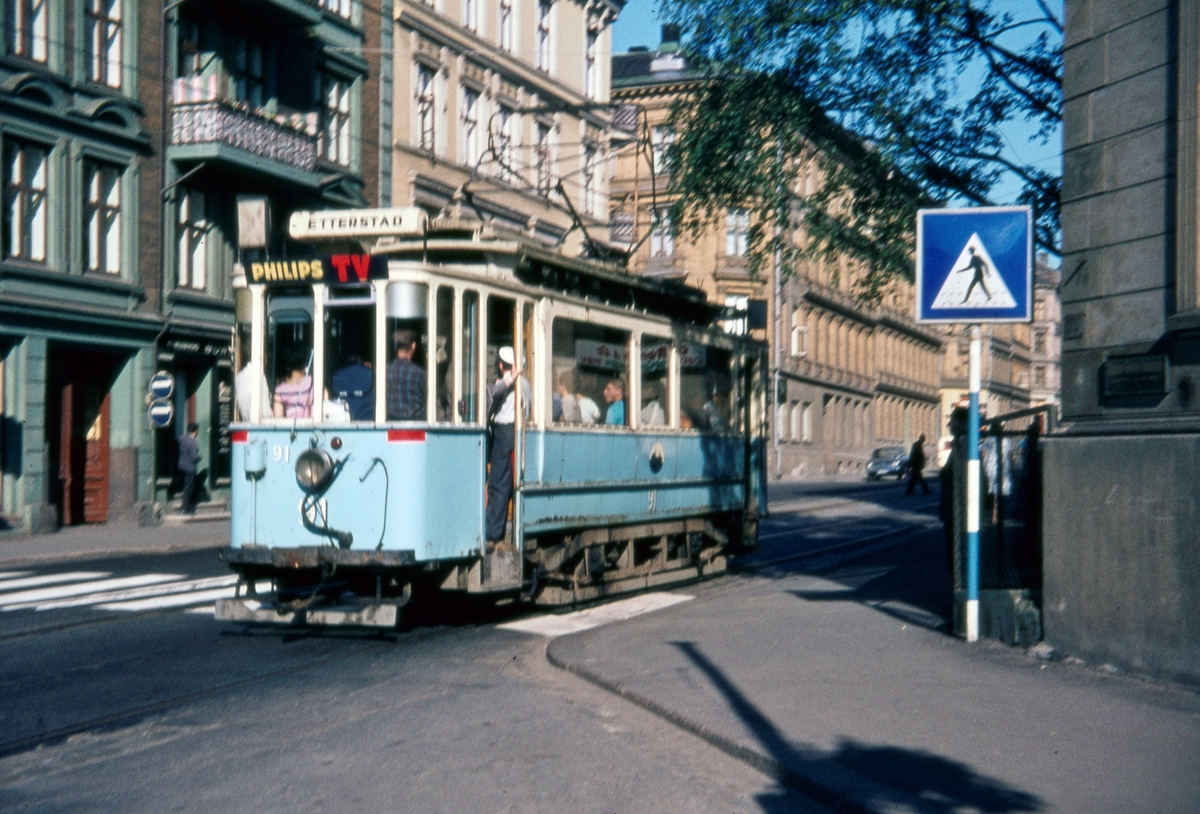 Sporvogn 91 på rute 6 ved krysset Schweigaards gate/Klostergata. Dette var siste dag de klassiske toakslede Kristiania-trikkene gikk i ordinær rutetrafikk i Oslo.