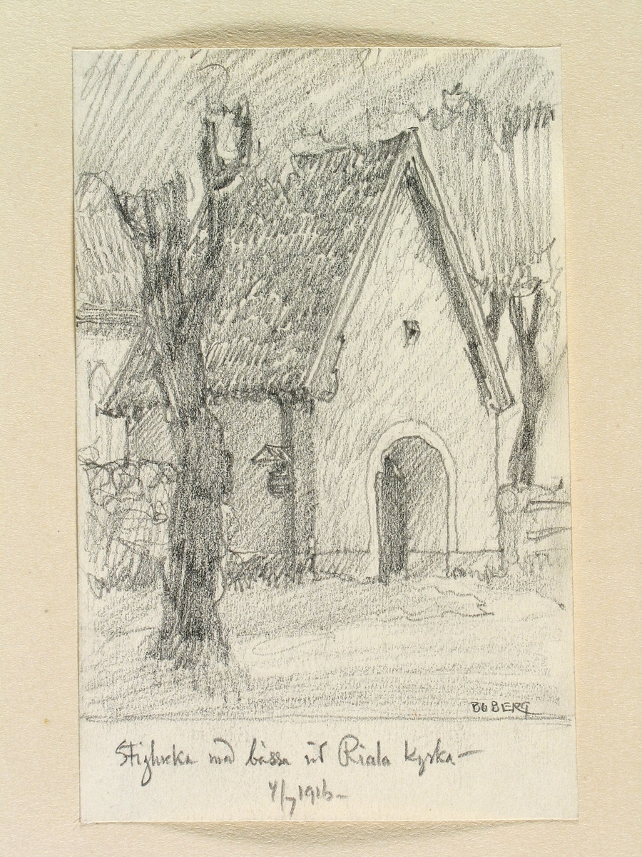 Teckning av Ferdinand Boberg. Uppland, Åkers skplg., Riala kyrka, Stiglucka med bössa