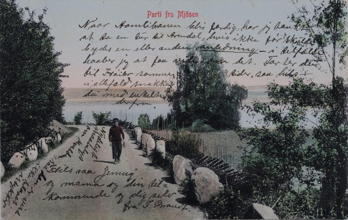 Postkort med tekst og motiv av en mann som går på en brygge med Mjøsa på bakgrunn.