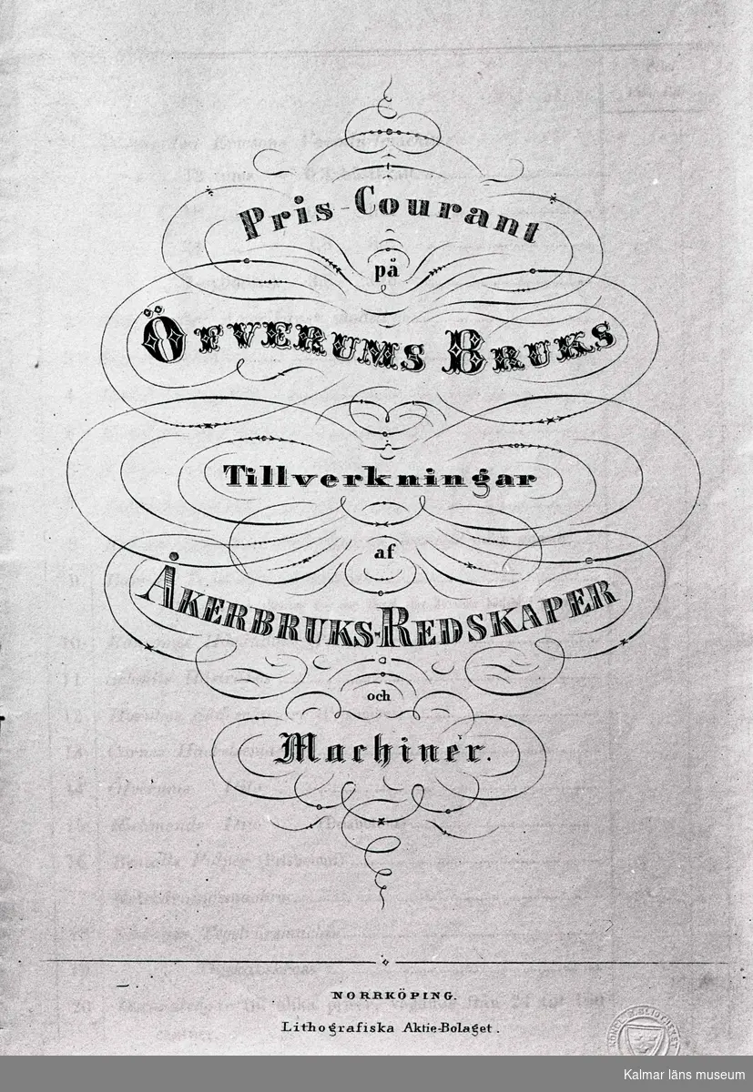 Priskurant, framsidan.
Reproduktion ur Överums Bruks katalog c:a 1860.