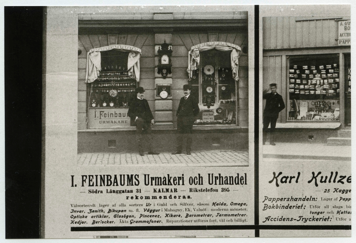 I. Feinbaums Urmakeri och Urhandel. Detalj av annonstavla, daterad 1908.