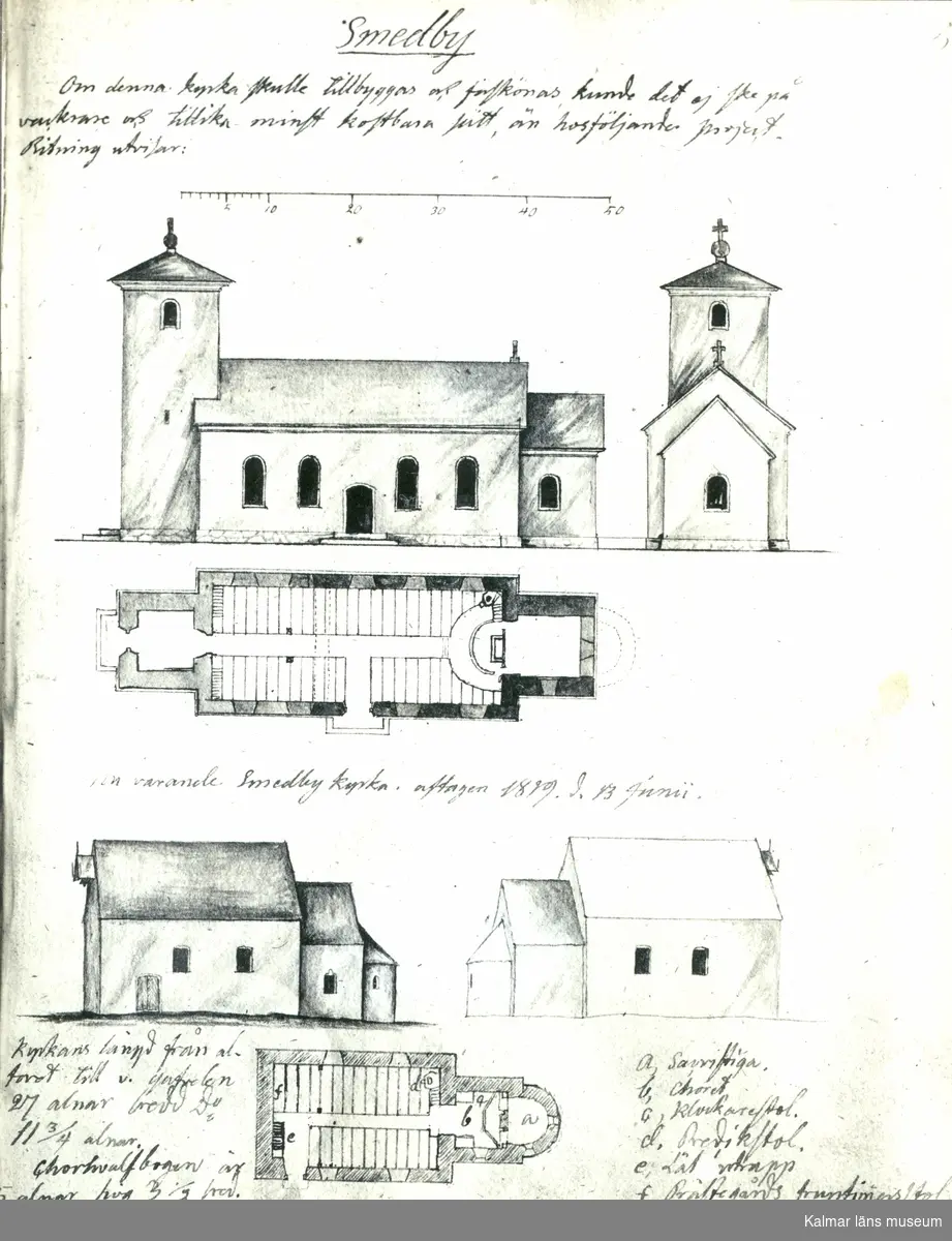 Teckning av Smedby kyrka.