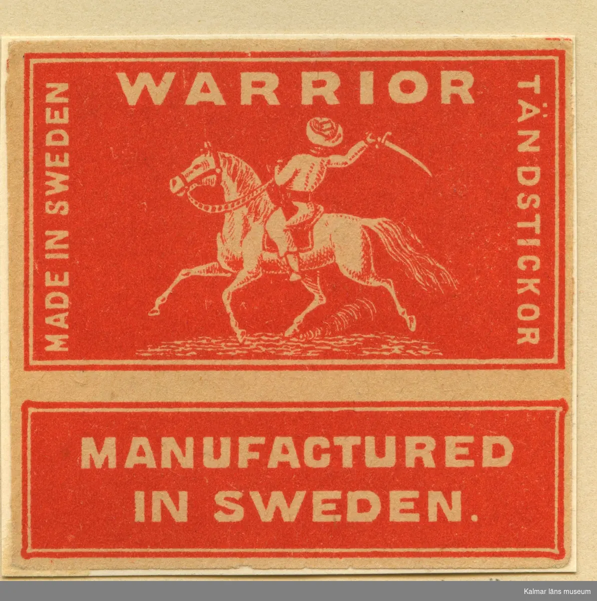 Tändsticksettikett av märket "Warrior", från Nybro Tändsticksfabrik.