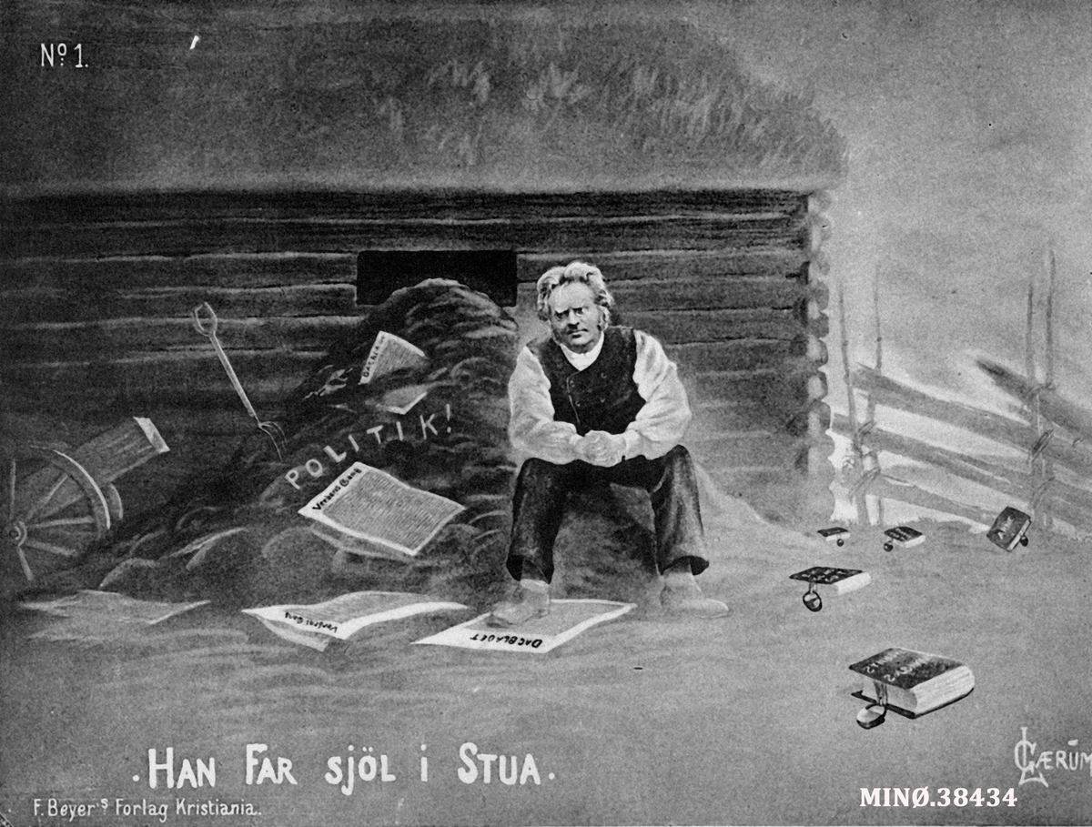 "Han far sjøl i stua". Karikaturtegning av Bjørnstjerne Bjørnson.