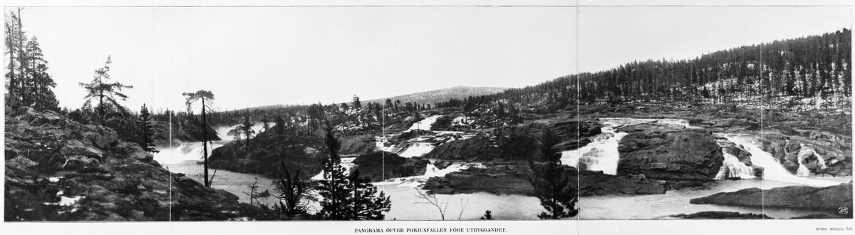 Panorama över Porjusfallen före utbyggandet. Efter foto av Borg Mesch. Ur Svenska Turistföreningens årsbok 1912.