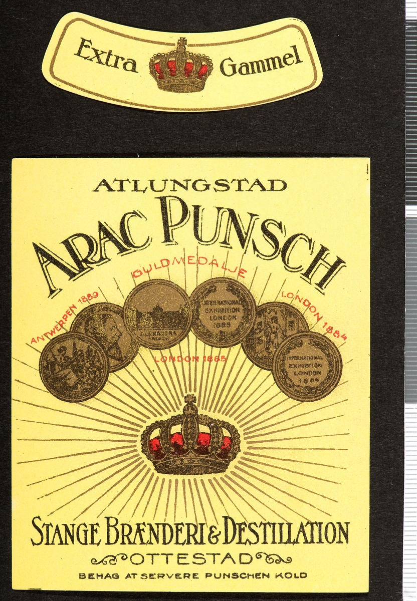 Brennevinsetikett. Spritetikett. Extra Gammel Atlungstad Arac Punsch, Stange Brænderi & Destillation. Ottestad, Stange. En mindre variant av dig-039284.