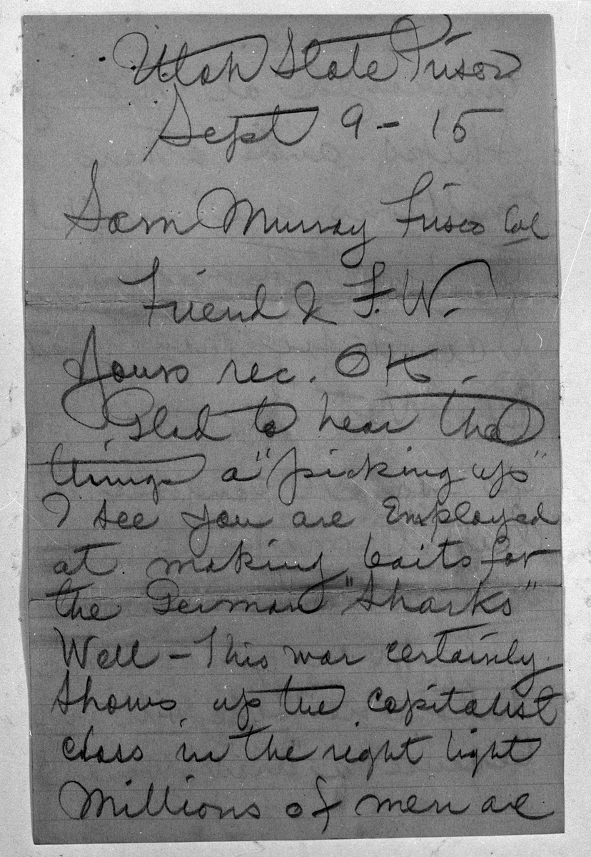 Reprofoton av brev som Joe Hill (Joel Hägglund) skrivit, 9 september 1915.