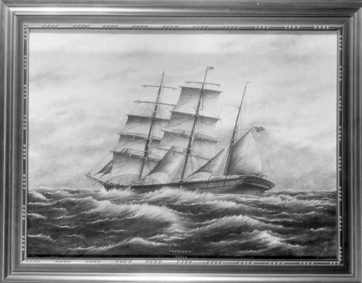 Barkskepp "Ceylon" från Gefle. Akvarell. Fartygsutställningen i Gävle år 1933. Ägare Gefle Fartygsbefälhavresällskap.