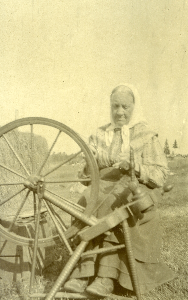 Kvinne med rokken (sitter ute, hesje i bakgrunnen). I Galåsen. Marte Olsdatter Galaasen f. Heggemoen (1841 - 1927)