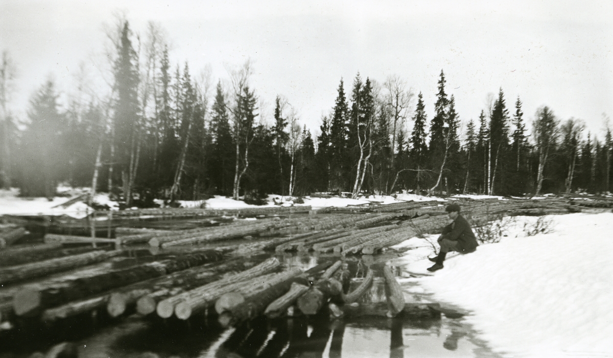 Mann til høyre på bildet, sitter i snøen og ser utover tømmervelta. Ved Søgardsbuskneset (ved Grøna).